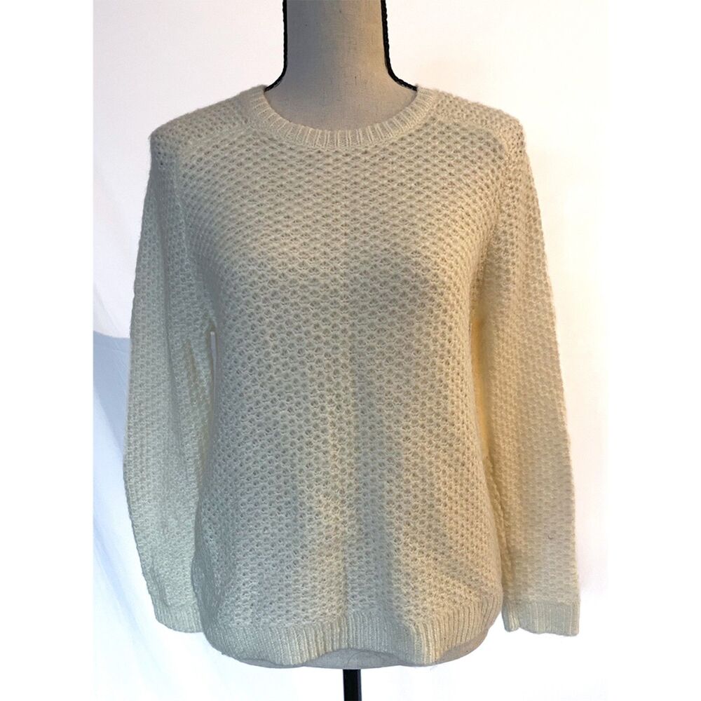 LOFT Crewneck Sweater | Mohair Blend Textured Knit, Cream White, Medium